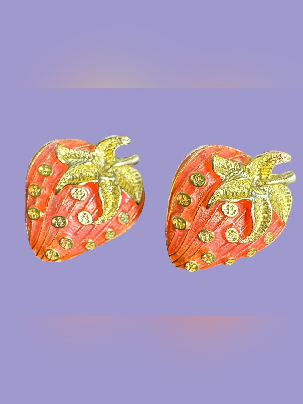 Vintage Strawberry Enamel Earrings in Red and Gold